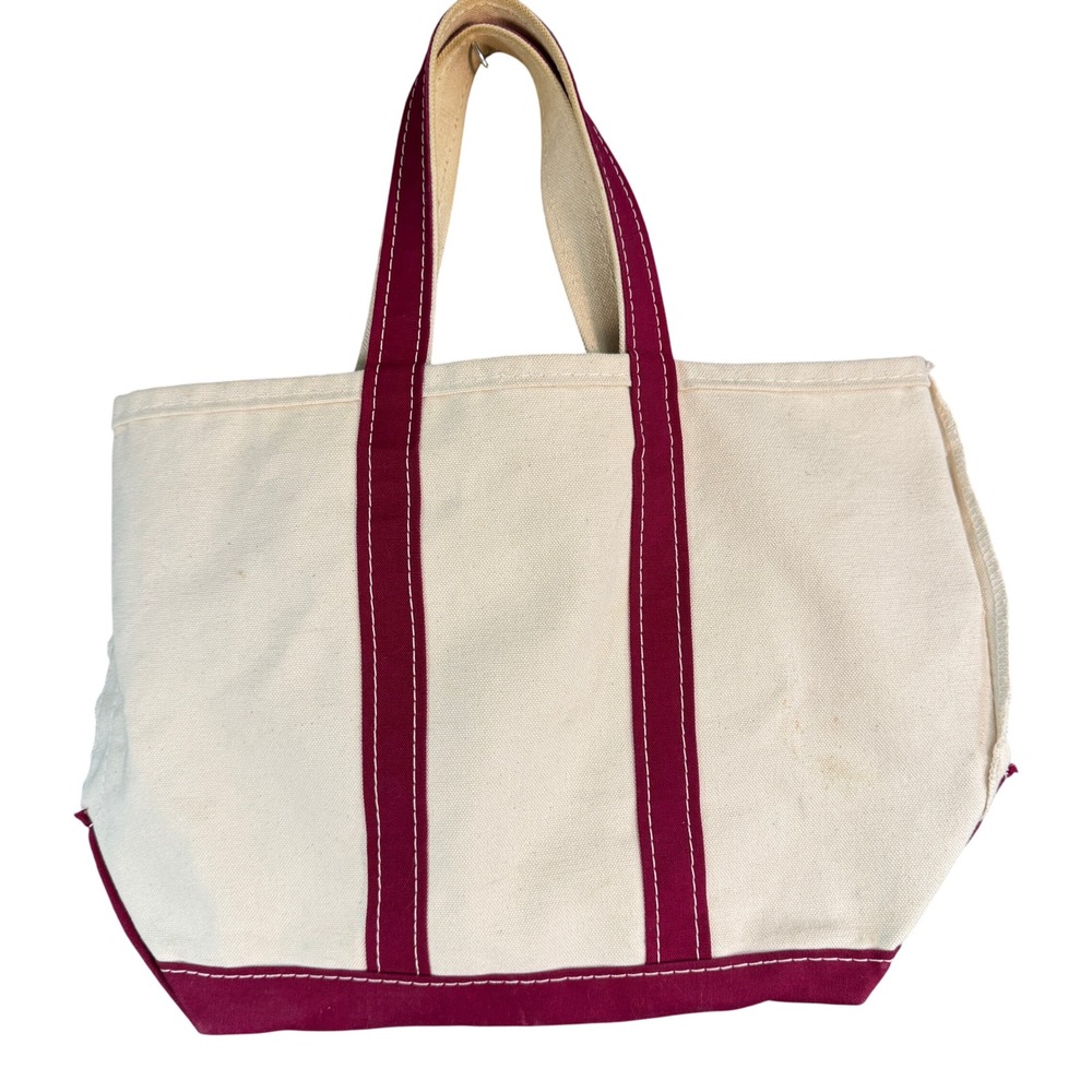 LL Bean Boat and Tote Canvas Bag Burgundy Cream Small Medium Made in USA